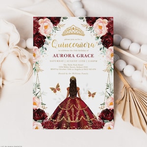 Editable Burgundy Blush Quinceanera Invitation Template Mis Quince Princess Dress Butterflies Flowers Printable Instant Download FLO24