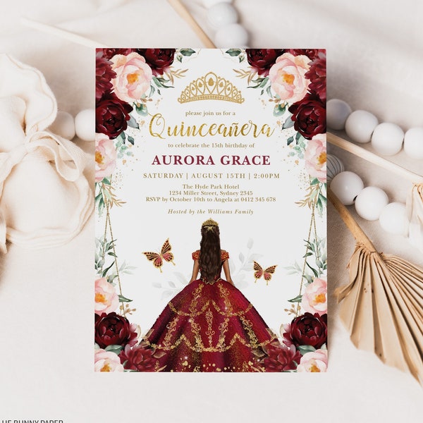 Editable Burgundy Blush Quinceanera Invitation Template Mis Quince Princess Dress Butterflies Flowers Printable Instant Download FLO24