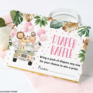 Girl Jungle Safari Diaper Raffle, Party Animals Baby Shower, Pink Gold Floral Tropical Greenery Printable Instant Digital Download, SAF2