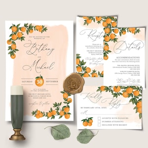 Oranje Citrus bruiloft uitnodiging sjabloon set, zomer Clementine bruiloft uitnodigen, botanische bruiloft sjabloon Suite, Instant Download, OR1