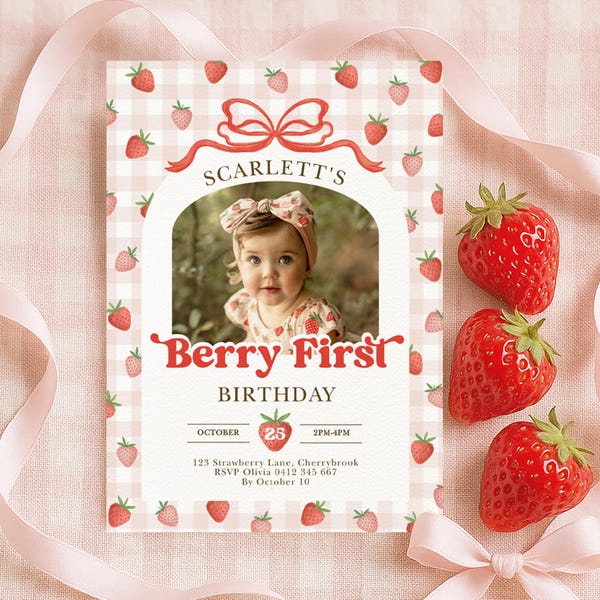 Berry First Birthday Photo Invitation: Red Bow Gingham Strawberry Editable Template (Digital Download) ST5