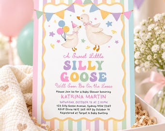 Pastel Striped Silly Goose Baby Shower Invitation, Soft Rainbow Bunting Canva Template, SG7