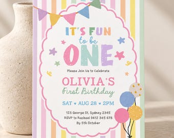 It's Fun to Be One: Pastel Rainbow Stripes Girl First Birthday Digital Download, FUN8