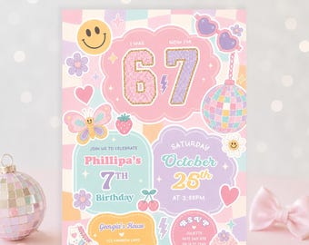 Pastel 6 7 Birthday Invitation, Six Seven Party Invite, Retro Y2K Girl (Digital Download), RET1