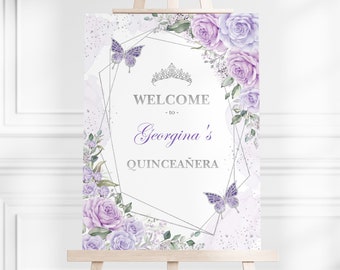 Lilac Quinceanera Welcome Sign Purple Silver Mis Quince 15 Anos Editable Template Crown Princess Butterflies 15th Birthday Download FLO21