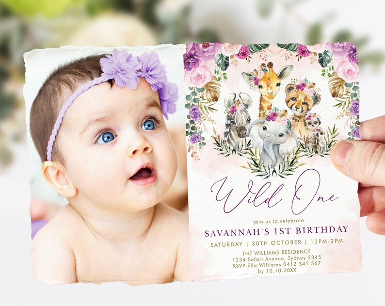 Girl Wild One 1st Birthday Invitation Jungle Safari Animals Party Invite Boho Blush Purple Flowers Printable Editable