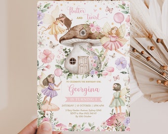 May include: A whimsical fairy-themed birthday invitation with a mushroom house, fairies, and flowers. The text reads "flutter and twirl to celebrate the birthday girl Georgina is turning 1. Saturday | 15 October | 2PM-4PM. 3 Fairy Garden Avenue, Sydney 2345. RSVP to Mas 0412 345 67. By 10th October. © BLUE BUNNY PAPER"