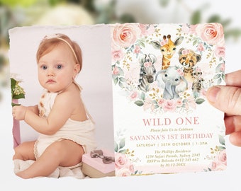 May include: A baby's first birthday invitation featuring a photo of the baby and a watercolor illustration of safari animals. The invitation includes the text "WILD ONE" and event details, surrounded by pink roses.