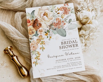Invitación rústica de despedida de soltera floral boho, invitación de ducha de boda de flor de naranja quemada, plantilla editable imprimible de flores de jardín de otoño, FLO5