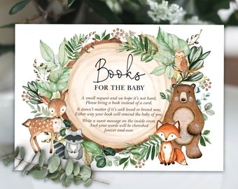 Livros de chá de bebê da floresta para cartão imprimível de bebê, animais rústicos da floresta trazem um cartão de livro, vegetação, download instantâneo, WOOD24