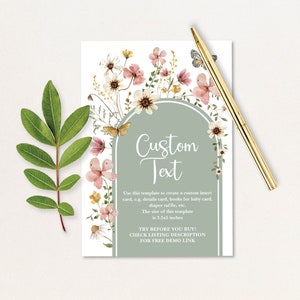 Sage verde flores silvestres cartão de inserção de aniversário boho chá de bebê cartão editável floral jardim chá festa detalhes modelo de cartão flo32