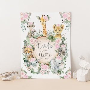 Kaarten en geschenken, Jungle Girl Baby Shower Sign, Wild One 1e verjaardag, Safari Animals Party Decorations, Roze Bloemen Groen Download, JUN16