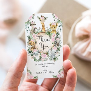 Pink Floral Jungle Favor Tag Editable Template, Safari Animals Baby Shower Favors, Wild One Birthday Thank You Tag Instant Download, JUN16