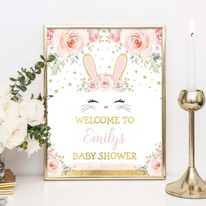EDITABLE Bunny Baby Shower Welcome Sign. Pink Floral Rabbit Birthday Printable. Blush Gold Bunny Party Decoration. INSTANT DOWNLOAD. BUN13