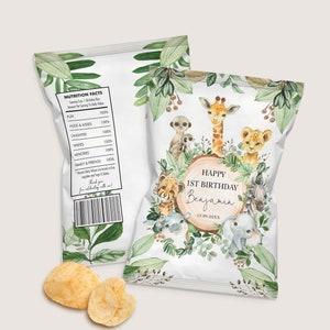 Wild One Jungle Birthday Chip Bag, Safari Animals Party Favors, Tropical Greenery Baby Shower Editable Template INSTANT DOWNLOAD, JUN13