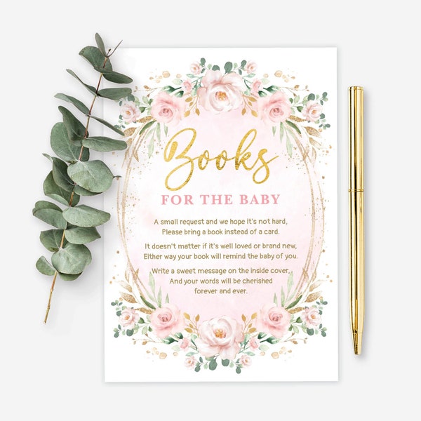 Blush Floral Baby Shower Books For Baby Card, Pink Gold Floral Bring a Book Insert, Boho Garden Baby Girl Printable INSTANT DOWNLOAD, FLO40