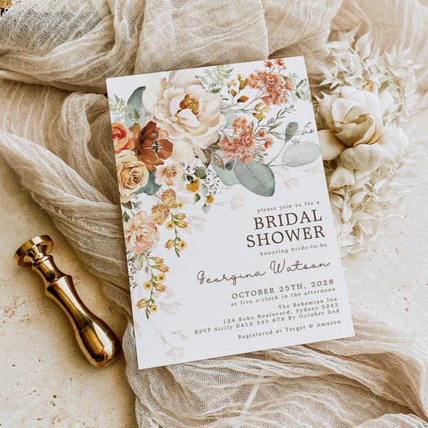 Rustic Boho Floral Bridal Shower Invitation, Burnt Orange Flower Wedding Shower Invite, Fall Garden Flower Printable EDITABLE TEMPLATE, FLO5