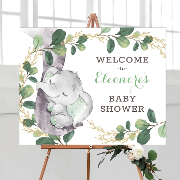 EDITIERBARE Greenery Elephant Baby Shower Willkommensschild. Wild One Jungle Birthday Party Dekoration. Niedliche kleine Erdnuss SOFORT DOWNLOAD. GR1