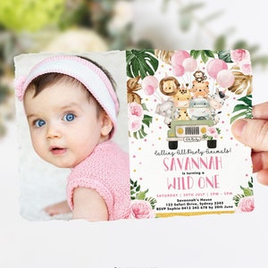 Girl Wild One 1st Birthday Invitation, Tropical Safari Party Photo Invite, Jungle Animals Pink Floral EDITABLE TEMPLATE Download, SAF2