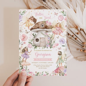 Bewerkbare Fairy Garden verjaardagsuitnodiging sjabloon voor meisje Wildflower Enchanted Forest Princess Party afdrukbare Instant Download Corjl FA4