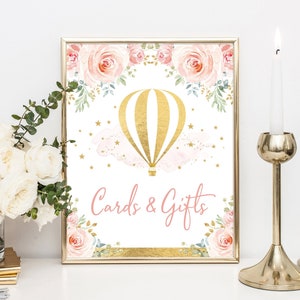 Cartões e presentes, balão de ar quente para chá de bebê, primeiro aniversário de aventura em ouro rosa, decorações de festa para cima e para longe, download instantâneo HAB5