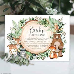 Woodland baby shower boeken voor baby printbare kaart, rustieke bosdieren brengen een boekenkaart, groen INSTANT DOWNLOAD, WOOD24