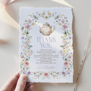 Bewerkbare bedankkaart voor theekransje wilde bloemen, baby brouwt gunsten voor babyshower, pastel tuin bloemen verjaardag afdrukbare download, WF2