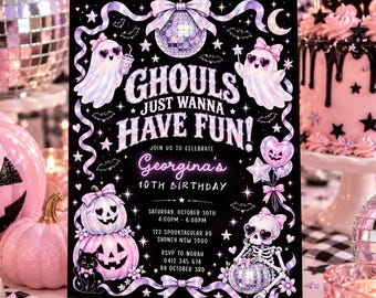 Ghouls Just Wanna Have Fun Birthday Invitation, Holographic Disco Ghost Halloween Party Digital Download, HL2