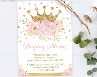 Display Shower Card / Crown Princess Baby Shower Invitation Insert / Royal Princess Blush Pink Flower INSTANT DOWNLOAD / FLO18I