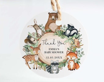 Woodland Baby Shower Editable Round Tag Template, Greenery Forest Animals Wild One 1st Birthday Party Favors, 2.5" Cupcake Topper, WOOD24