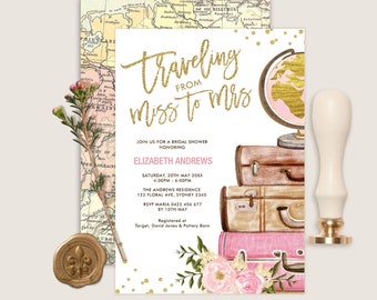 Editable Traveling Miss to Mrs Bridal Shower Invitation, Travel Wedding Shower Invite Template, Vintage Luggage Blush Pink Gold Floral, TRA3