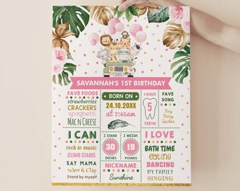 Girl Wild One 1st Birthday Milestone Poster, Tropical Jungle Safari Animals, Pink Floral Birthday Chalkboard Sign EDITABLE TEMPLATE, SAF2