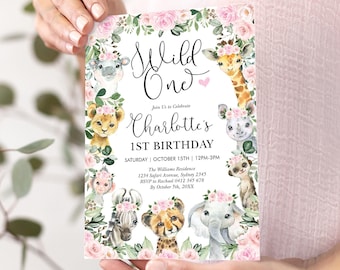 Inbjudan till födelsedag för flicka med vildfödelsedag, festinbjudan för djungelsafaridjur, rosa blush blommig 1-årsdag, utskrivbar, redigerbar, nedladdning, 16 juni