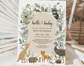 May include: A baby shower invitation with a watercolor illustration of Australian animals, including a koala, kangaroo, echidna, and emu. The invitation is for Sofia Henderson and is set for February 25th at 2:00 pm. The text "hello baby" is featured in the center of the invitation.