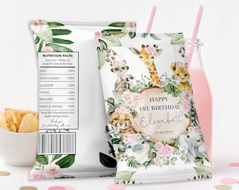 Girl Wild One Safari Birthday Chip Bag, Jungle Animals Party Favors, Blush Pink Flower Baby Shower Editable Template INSTANT DOWNLOAD, JUN16