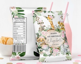 Flicka Vild En Safari Födelsedagspåse med Chips, Djungeldjur Festgåvor, Blush Rosa Blomma Baby Shower Redigerbar Mall DIREKT NEDLADDNING, 16 JUNI