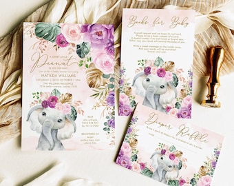 Tropical Elephant Baby Shower Invitation Bundle Boho Elephant