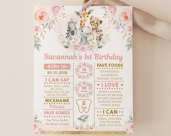 May include: A pink and gold first birthday milestone poster with a floral design and a cute animal illustration. The poster includes the child's name, Savannah, birthdate, weight, height, favorite foods, things they love, and things they can do.