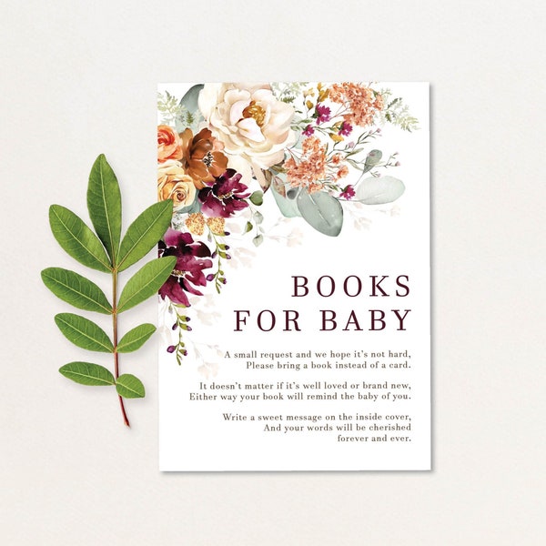 Boho Flowers Books for Baby Card, Rustic Burnt Orange Floral  Baby Shower, Burgundy Terracotta Bring a Book Card Instant Download, FLO4