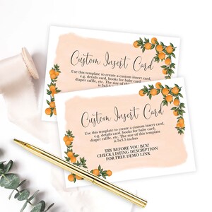 Plantilla de tarjeta de inserción de cítricos naranja EDITABLE, tarjeta de recinto de baby shower Little Cutie, descarga instantánea de ducha nupcial botánica, OR1