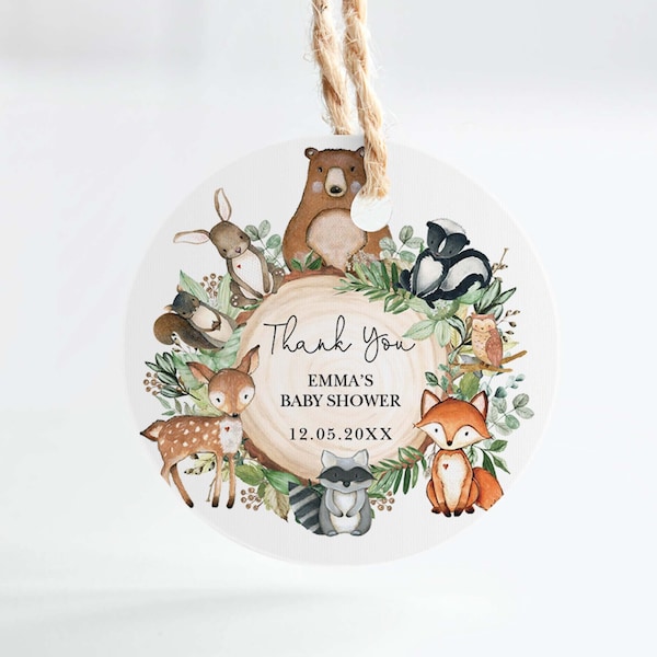 Woodland Baby Shower Editable Round Tag Template, Greenery Forest Animals Wild One 1st Birthday Party Favors, 2.5" Cupcake Topper, WOOD24