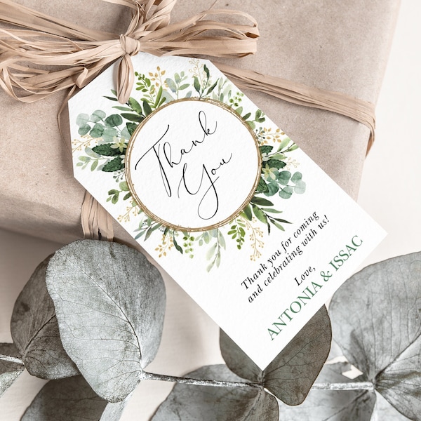 Greenery Gold Favor Tags, Botanical Baby Shower Thank You Tags, Eucalyptus Wreath Bridal Shower EDITABLE TEMPLATE Instant Download, GR3