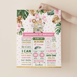May include: A pink and green jungle-themed first birthday milestone poster with a white background. The poster features a safari jeep with animals, a list of the child's favorite foods, a birthday date, and a list of things the child can do. The poster also includes the child's nickname, Sunshine, and the child's age, 1, with a tooth icon.