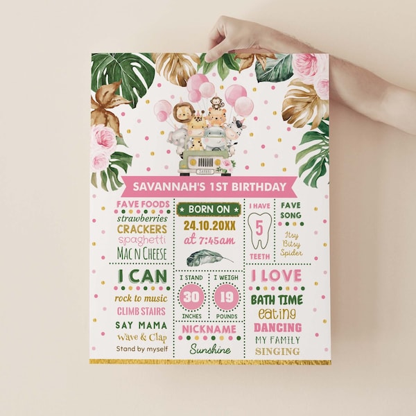 Cartel de hito del 1er cumpleaños de Girl Wild One, animales de safari en la selva tropical, letrero de pizarra de cumpleaños floral rosa PLANTILLA EDITABLE, SAF2