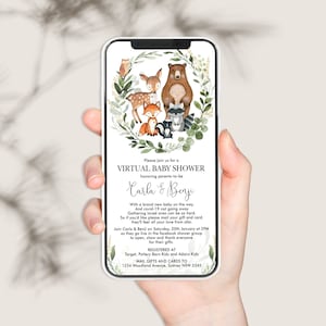Woodland Virtual Baby Shower Electronic Invitation Greenery Forest Animals E-vite Template Digital Party Invite Instant Download, WOOD33