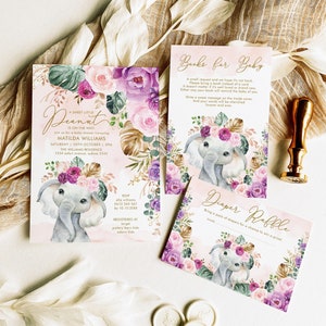 Paquete de invitación de baby shower de elefante tropical Plantillas de invitación de elefante boho Blush Purple Flower Jungle Animal EDITABLE Download Set, EL13