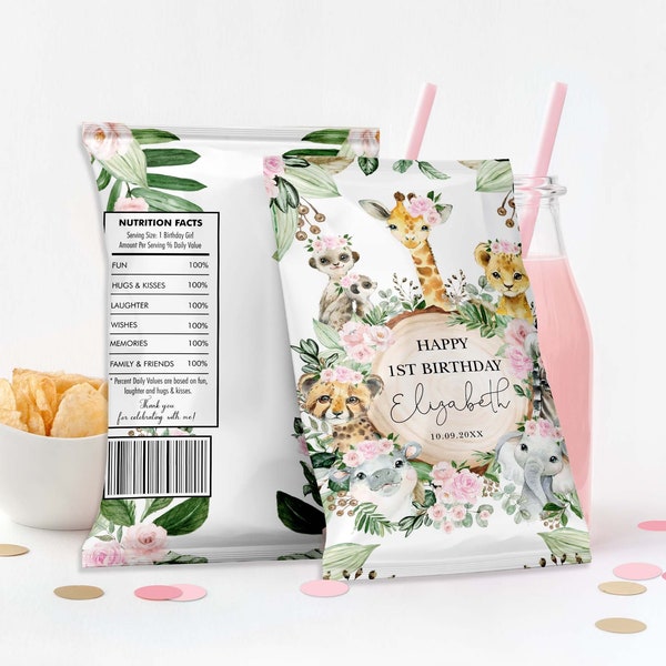 Girl Wild One Safari Birthday Chip Bag, Jungle Animals Party Favors, Blush Pink Flower Baby Shower Editable Template INSTANT DOWNLOAD, JUN16