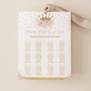 Kroonprinses zitplaatsen grafiek sjabloon Koninklijke baby shower zitplaatsen plan afdrukbare Blush roze bloemen prinses verjaardag BEWERKBARE downloaden, FLO18I