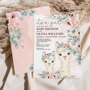 Girl Llama Baby Shower Invitation, Alpaca  Invite, Blush Pink Flowers Eucalyptus Greenery Printable EDITABLE TEMPLATE Instant Download, ALP1