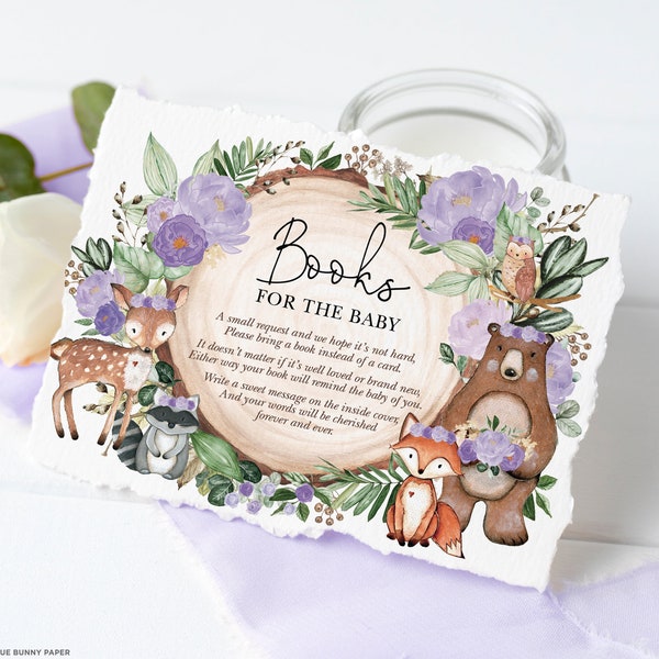 Woodland Baby Shower Books For Baby Card, Purple Floral Animals Bring a Book Insert, Rustic Forest Printable INSTANT DOWNLOAD, WOOD36